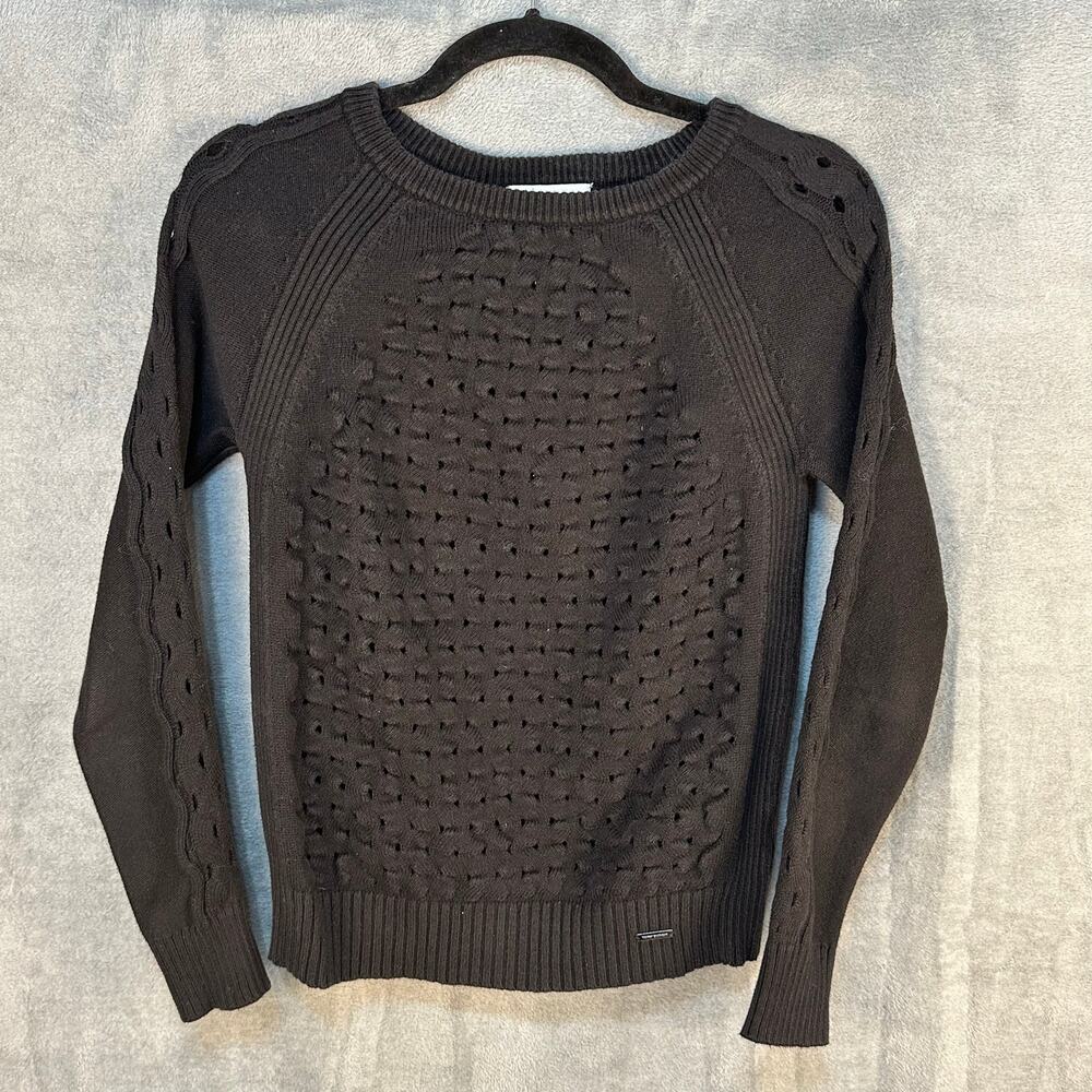 Tory Burch Sweater Womens XS Black Open Weave Cable Knit Quiet Luxury Neutral